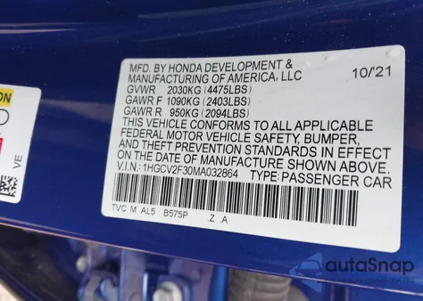 2021 Honda Accord Sport 2.0T from USA, damaged, VIN 1HGCV2F30MA032864